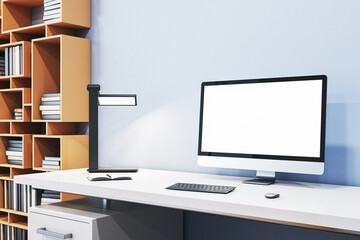 Close up of modern designer office interior with creative wooden bookcase, empty white computer monitor and other items. Mock up, 3D Rendering.