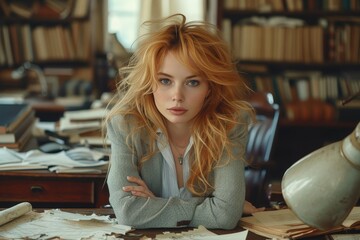 A fiery-haired woman sits at a cluttered desk, surrounded by books and papers, lost in thought and consumed by her work