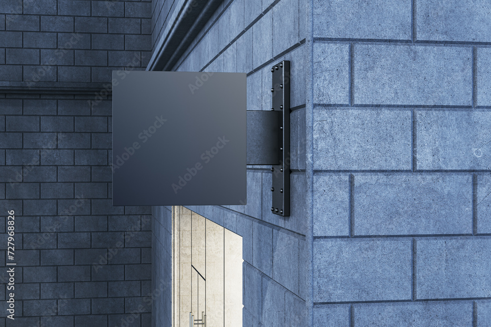 Poster Empty black mock up frame on gray outdoor tile wall background with shadows. Advertisement and pub concept. 3D Rendering.