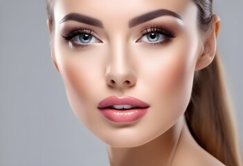 Fototapeta premium A girl with long sleek hair a ponytail and bright makeup