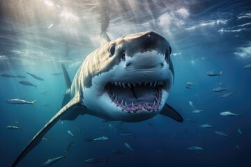 A stunning photo capturing the powerful presence of a great white shark as it exposes its jaw wide open, Underwater view of a great white shark, AI Generated