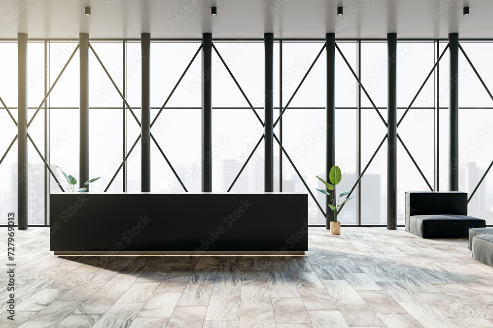 Poster Chic reception area with geometric patterns and floor to ceiling windows. 3D Rendering
