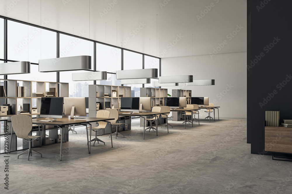 Poster simple concrete and wooden coworking office interior with bookcase partitions and panoramic windows 