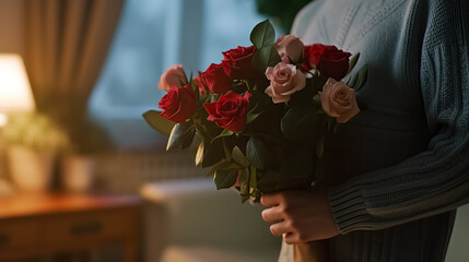 young man holding bouquet of red roses to propose her girlfriend at evening date