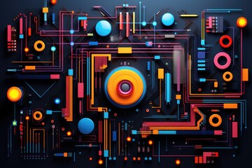 An eye-catching abstract background featuring vibrant colors and a speaker, Vibrant composition of geometric tech symbols, AI Generated