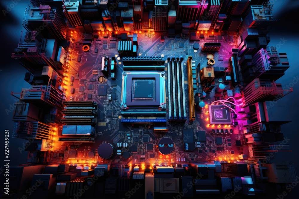 Aufkleber a computer motherboard featuring an array of vibrant colored lights, enhancing the visual appeal and