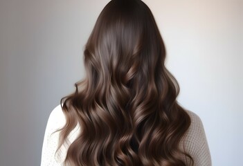 Fototapeta premium Rear view of a woman with long shiny brown hair on white background