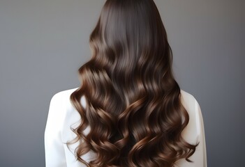 Fototapeta premium Rear view of a woman with long wavy hair on a grey background