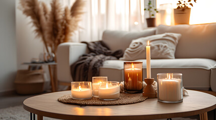 Fototapeta premium Boho Chic Elegance: A Cozy Candlelit Living Room. generative ai