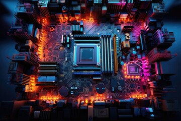 A computer motherboard featuring an array of vibrant colored lights, enhancing the visual appeal and experience of the components, Vibrant pulsating lights on a dark motherboard, AI Generated