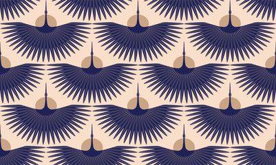 Abstract minimalist seamless pattern, print with flying storks, cranes, sun and sun rays. Spread Wings. Vector illustration EPS10