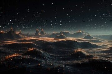 Behold a breathtaking view of a majestic mountain range at night, adorned with a multitude of gleaming stars, Virtual reality landscape with flying data particles, AI Generated