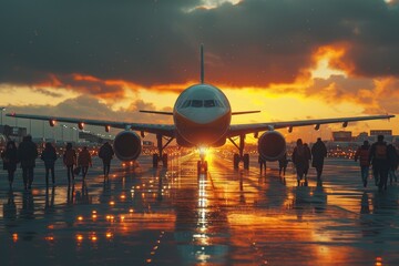 As the sun sets on the tarmac, a large airliner stands ready for its journey, surrounded by clouds and the excitement of air travel