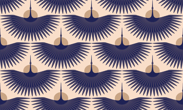 Abstract minimalist seamless pattern, print with flying storks, cranes, sun and sun rays. Spread Wings. Vector illustration EPS10