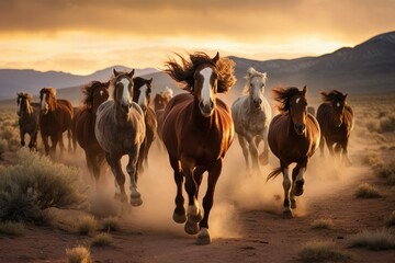 A dynamic shot capturing the energy of a herd of horses as they race across the wide expanse of a...