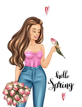 Glamour girl holding bouquet of tulips. Hand drawn fashion illustration