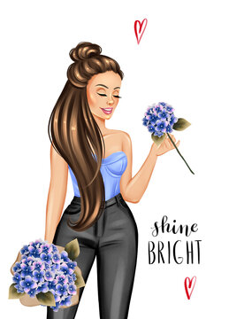 Glamour girl holding bouquet of hydrangeas. Hand drawn fashion illustration
