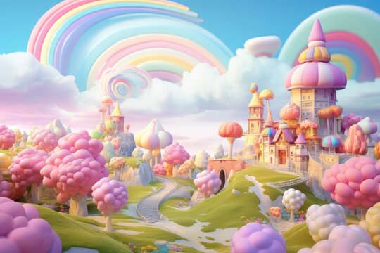 This photo captures a majestic castle painting against a vibrant sky adorned with a beautiful rainbow, Whimsical pastel-colored dream world with marshmallow clouds and a rainbow, AI Generated