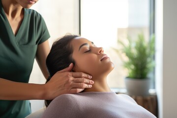 Obraz na płótnie Canvas A woman enjoys a soothing head massage at a tranquil spa, promoting relaxation and alleviating stress, Woman receiving shoulder therapy from physiotherapist, AI Generated