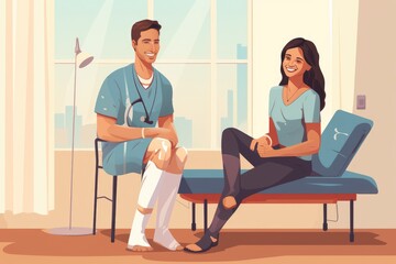 A man and a woman sitting together on a couch in a comfortable living room, enjoying a relaxed moment, Woman with leg injury on mat and smiling doctor during treatment in the hospital, AI Generated