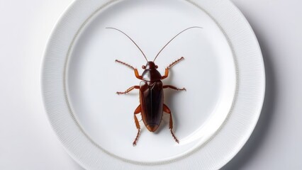 A cockroach in close-up on a white plate. The concept of a new food of the future. The concept of a dirty room.