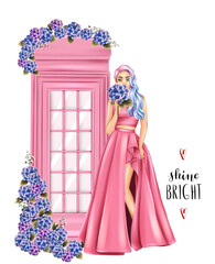 Pink telephone box and glamour girl in pink dress holding hydrangea flower. Hand drawn fashion illustration
