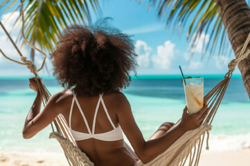 Summer travel vacation concept, Happy traveler african American woman with white bikini relax in hammock on beach