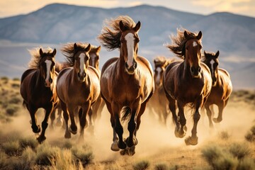 A dynamic image capturing the powerful movement of a herd of horses as they gallop across a dry grass field, Wild, galloping horses in the American West, AI Generated