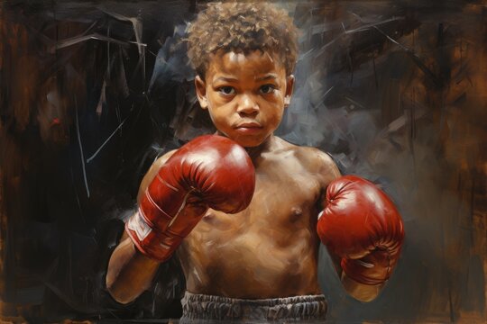 A captivating painting capturing the youthful spirit and passion of a boy wearing boxing gloves, Young Boxer boxing, AI Generated