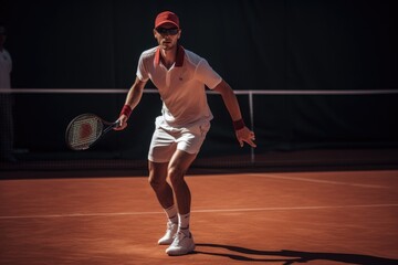 A man standing on a tennis court holding a tennis racquet, Young man engaged in the tennis service during a match, AI Generated