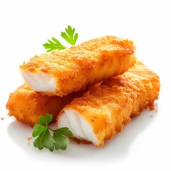 Fish fingers sticks isolated on white background. With clipping path. Ai created.
