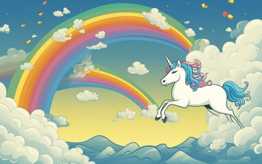 Naklejka premium unicorn runs through the clouds past the rainbow 
