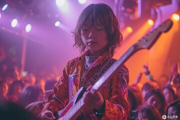 Obraz premium Amidst a sea of flashing lights and pulsating energy, a talented musician captivates the crowd with her soulful performance on stage, her fingers effortlessly strumming the guitar as her voice echoes