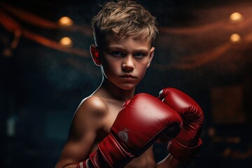 A photo of a young boy wearing red boxing gloves, showing off his fighting spirit, Young Boxer boxing, AI Generated