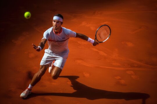 A male tennis player displaying electrifying movement and technique while engaged in intense gameplay on a court, Young man engaged in the tennis service during a match, AI Generated