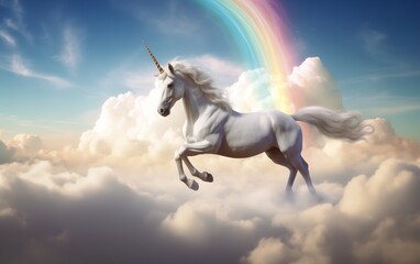 Obraz na płótnie Canvas unicorn runs through the clouds past the rainbow 