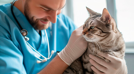 A veterinarian examines a pet at the clinic