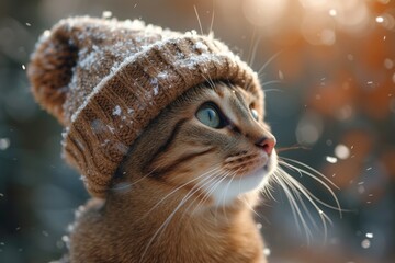 Amidst the snowy winter landscape, a majestic brown feline dons a cozy hat, its whiskers and fur perfectly complementing its outdoor attire