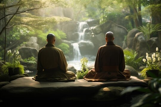 A picturesque photograph capturing two individuals sitting on a rock, admiring a magnificent waterfall, Zen Buddhist monks meditating in a tranquil garden, AI Generated