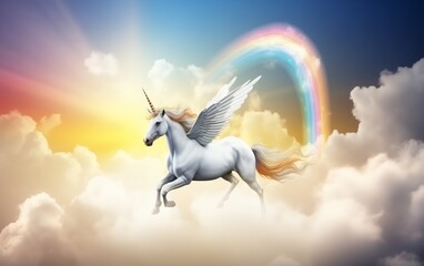 unicorn runs through the clouds past the rainbow 