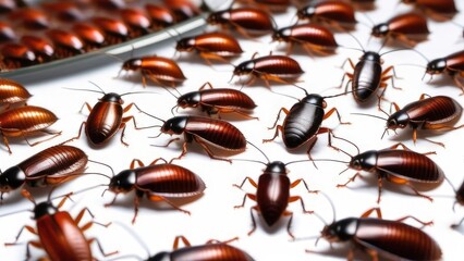 Many cockroaches in close-up on a white plate. The concept of a new food of the future. The concept of a dirty room.