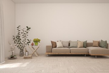 Modern minimalist interior with sofa on empty white color wall background. Interior mockup. Scandinavian interior design. 3D illustration