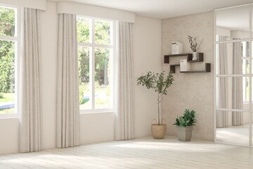 White empty room with summer landscape in window. Scandinavian interior design. 3D illustration