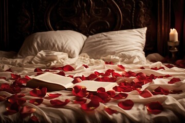 A bed adorned with rose petals and featuring a book, creating a relaxing and romantic setting, Love letters and rose petals scattered over a bed, AI Generated
