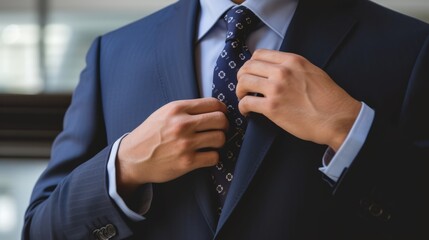 man in a dark blue suit jacket adjusting their tie. 