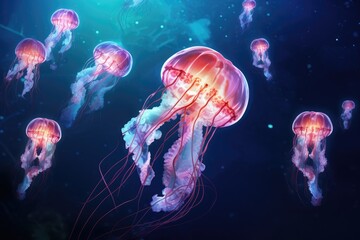 A mesmerizing sight of a large number of jellyfish gracefully floating in the pristine ocean waters, Luminous jellyfish tentacles against a deep sea background, AI Generated