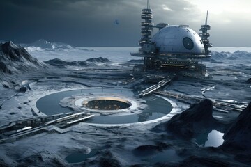A massive, technologically advanced space station designed for ocean exploration and research, Lunar surface with a futuristic business complex, AI Generated
