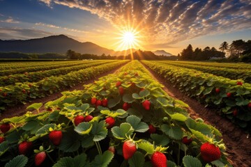 Capture the breathtaking beauty of a field of strawberries illuminated by a radiant sunset, Lush organic strawberry field with the sun low in the sky, AI Generated