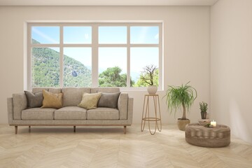 Fototapeta premium White living room with sofa and summer landscape in window. Scandinavian interior design. 3D illustration