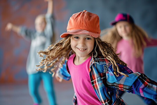 Happy children in stylish clothes dancing in choreography class